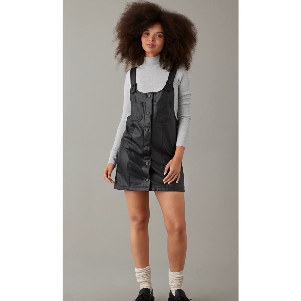 American Eagle Vegan Leather Pinafore Black Dress-Size L